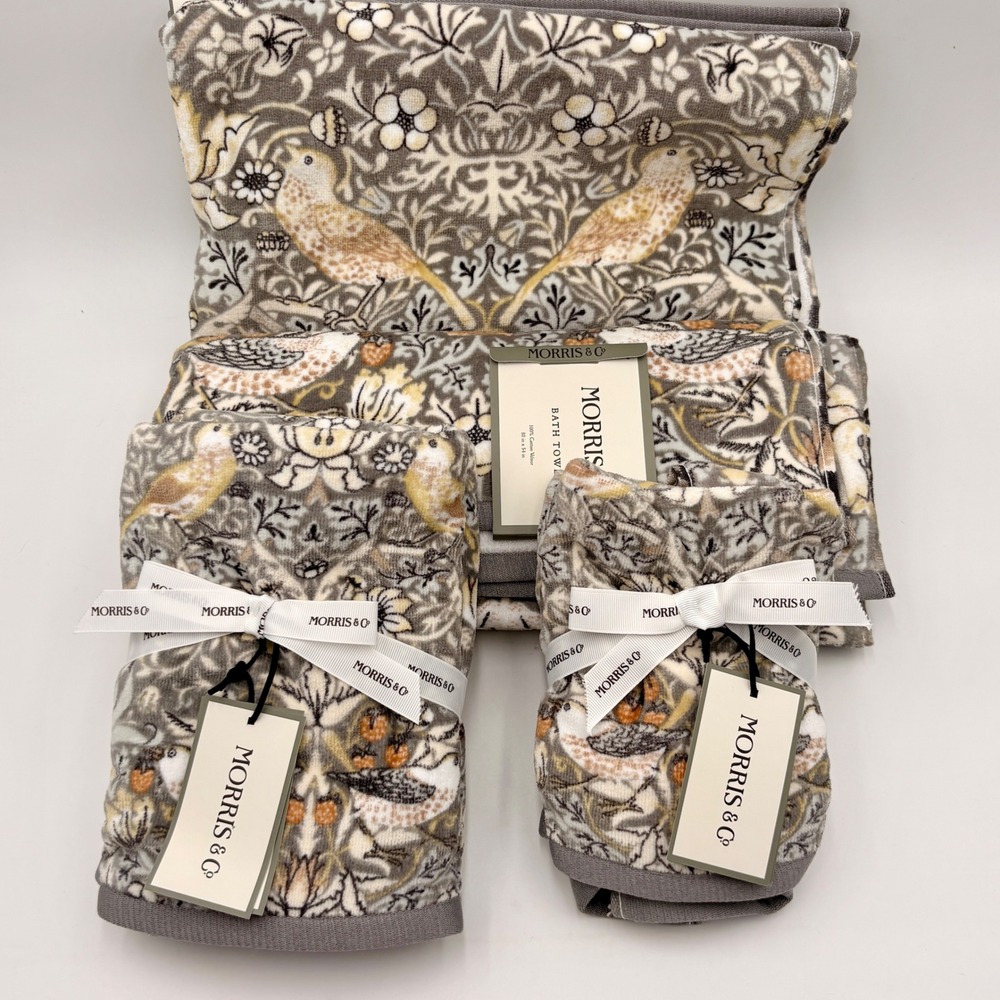 Morris & Co Strawberry Thief 6 Piece Cotton Velour Towel Set Grey Gold NEW